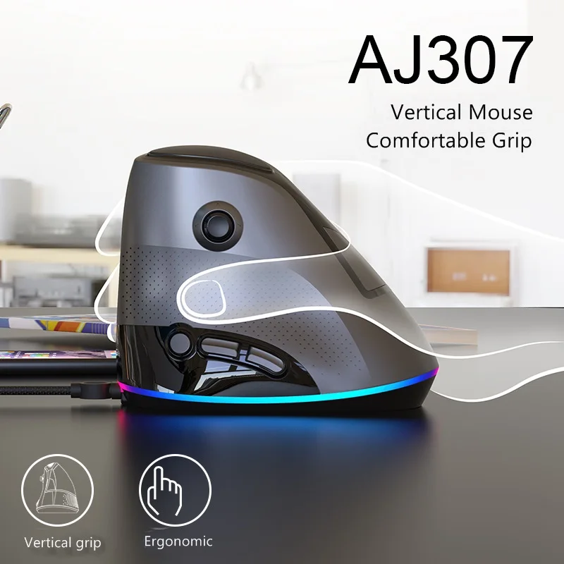 New 4000DPI Ajazz AJ307 Vertical Ergonomic RGB Backlit Wired Macro Programmable Notebook Desktop Gaming Office Mouse