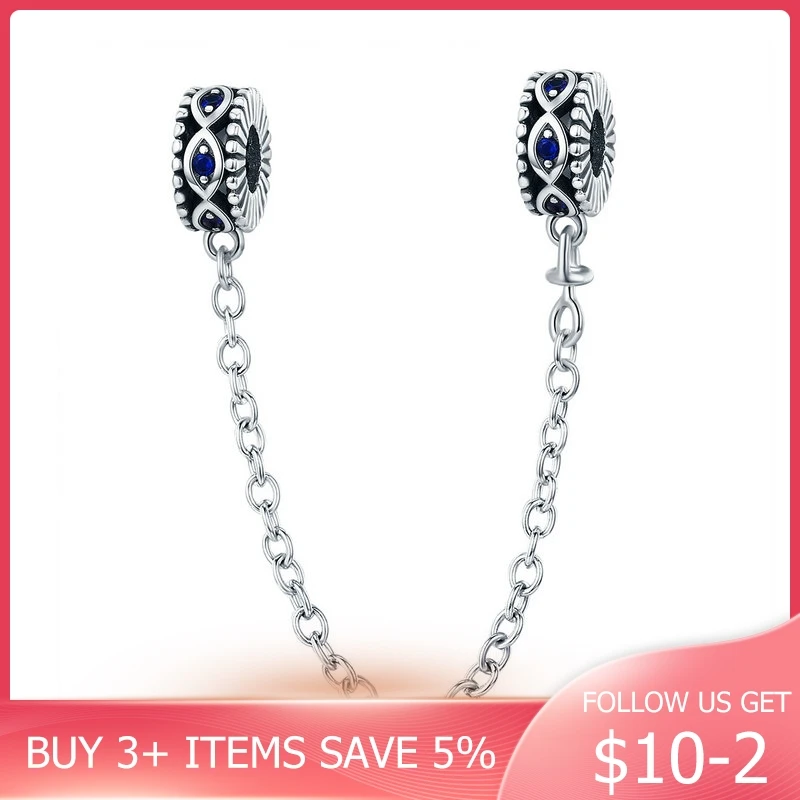 

CodeMonkey 100% 925 Sterling Silver Guardian Blue Eyes Blue CZ Safety Chain Stopper Charm fit Bracelet Bangles DIY Jewelry C617