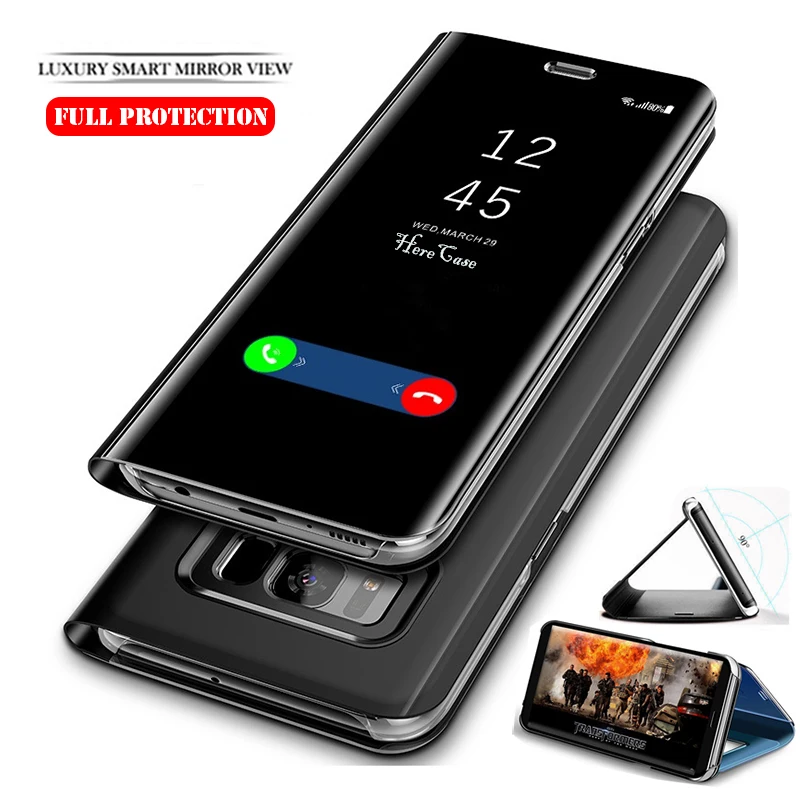 Clear View Mirror Smart Flip Case for Samsung Galaxy S6edge+ S7 Edge S8 S9 s9 plus Note20 10 Plus PC Cover Leather Case A8