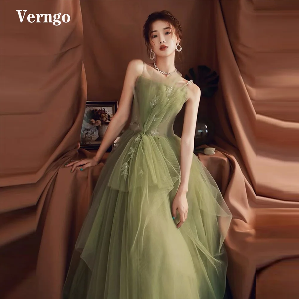 Verngo-Vestidos de Fiesta de tul verde para mujer, vestido de noche sin tirantes con flores 3D, corsé plisado, vestido de cumpleaños