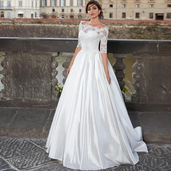 

Elegant Off-the-shoulder Satin Wedding Dress Half Sleeves Robe de Mariage White Ivory A-line Bridal Gown