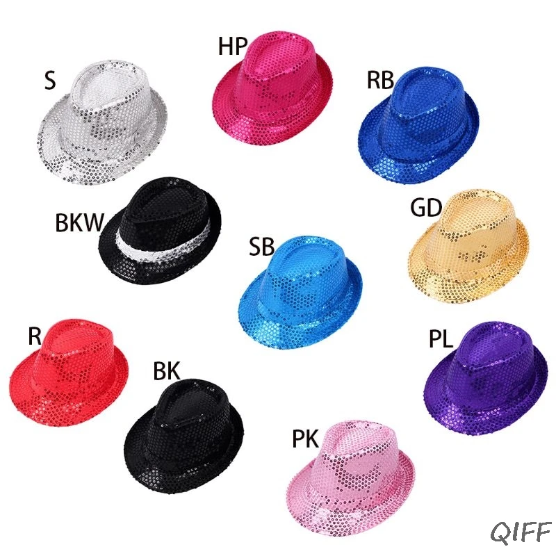 

Adult Children Glitter Sequins Jazz Hat Solid Color Cuffed Wide Brim Performance Dance Stage Magic Show Bar Party Cap Costume