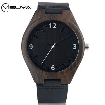 

YISUYA Men Watches Black Natural Wood Watches Male Simple Clock Bamboo Wrist Watch Genuine Leather Bracelet Clock Gift Item 2020