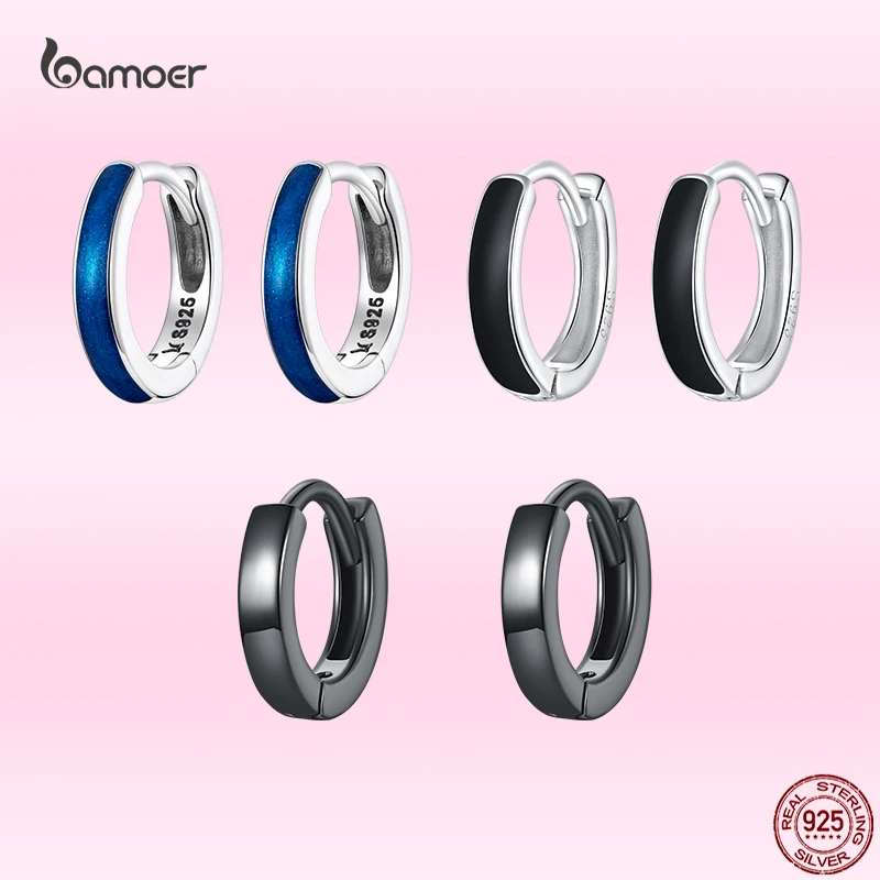 

Bamoer Fashion Simple Round Ear Buckles for Women Genuine 925 Sterling Silver Blue Black OL Style Earrings Fine Party Jewelry