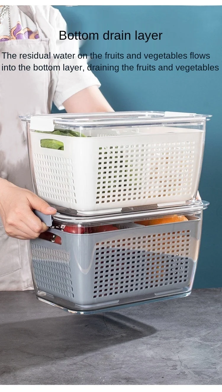 New Refrigerator Fresh Box Creative Drain Fruit And Vegetable Storage Box Double Sealed Kitchen Drain Basket