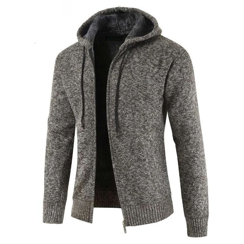 Winter Plus Velvet Sweater Men's Slim Warm Fashion Solid Color Casual Hooded Sweater Man Wild Knitted Sweater Jacket Men