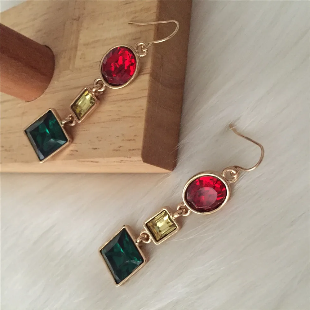 

Pretty Gorgeous Gold Color Red Yellow Green Pink Light Stone Oval Square Linked Statement Drop Earrings For Women Girl Lady Gift