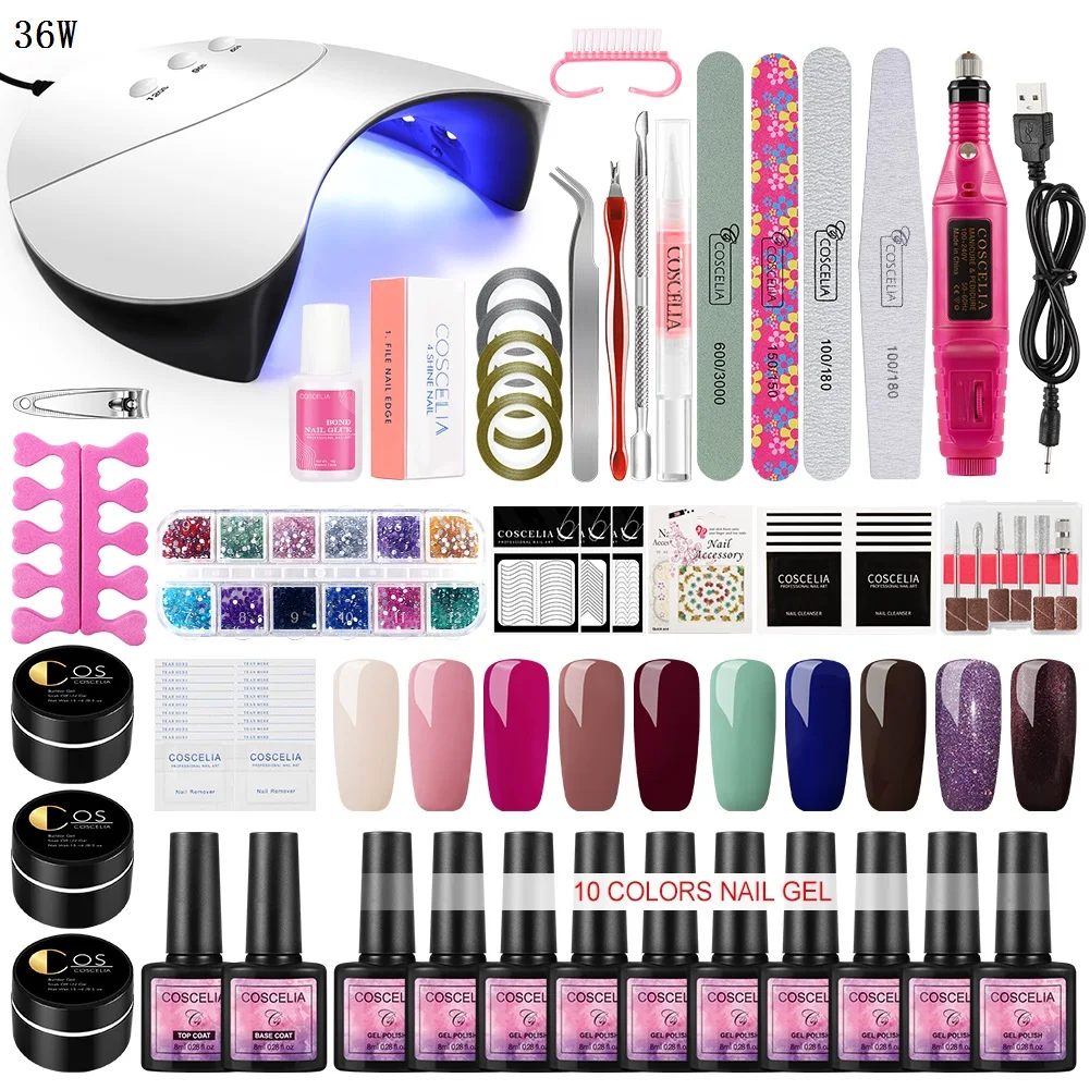 Coscelia Full Manicure Set 10pcs Gel Nail Polish 90w Lamp For Varnish Pusher Acrylic Kit Art Tools Sets Kits Aliexpress 
