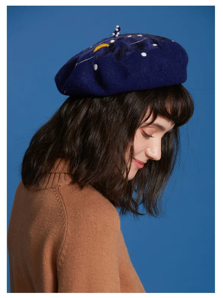 Handmade Wool Felt Beret Female Vintage Valentine'S Day Casual Fashion Starry Night Children'S Gift Hat Navy Gift Girl Wild New