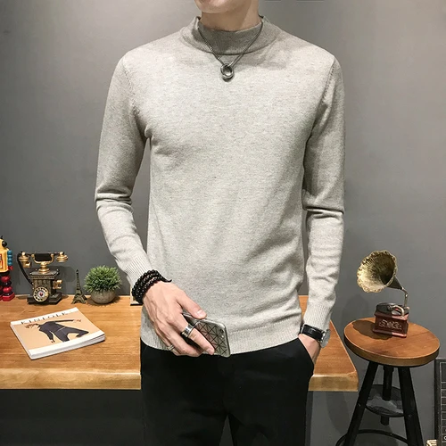 Liketkit, мужской свитер,, мужской, японский, водолазка, однотонный, Повседневный, свитер, мужской, облегающий, вязанный, пуловер, зимний джемпер, топы - Цвет: Бежевый