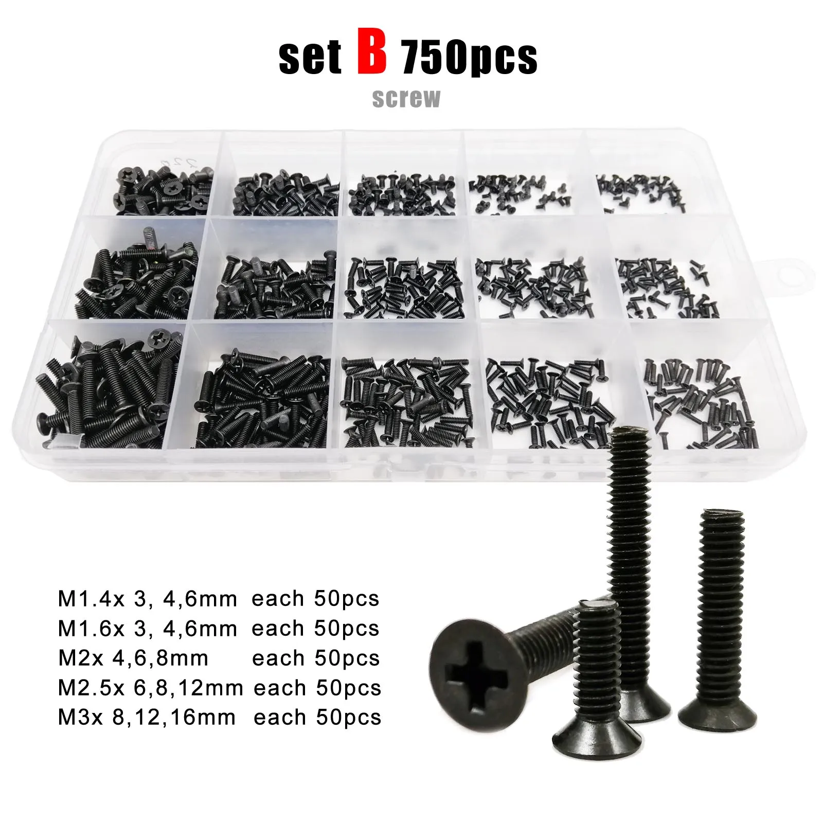 500/750/1500pcs M1.4 M1.6 M2 M2.5 M3 블랙 미니 마이크로 필립스 크로스 플랫 카운터 싱크 헤드 나사 볼트 너트 세트 구색 키트 상자