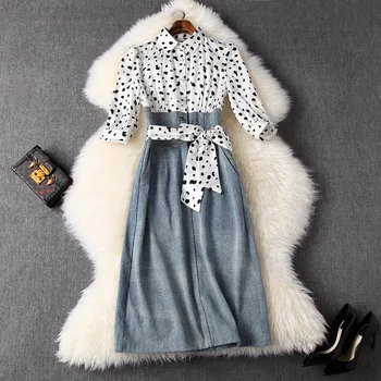 

Women polka dot patchwork denim jean dress new 2020 spring summer elegant sashes high waist sexy dresses