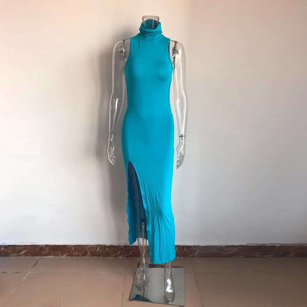 KGFIGU женское длинное платье макси с высокой горловиной, Сексуальные вечерние платья с открытой спиной и разрезом для клуба, синее платье, праздничная одежда vestidos - Цвет: Синий