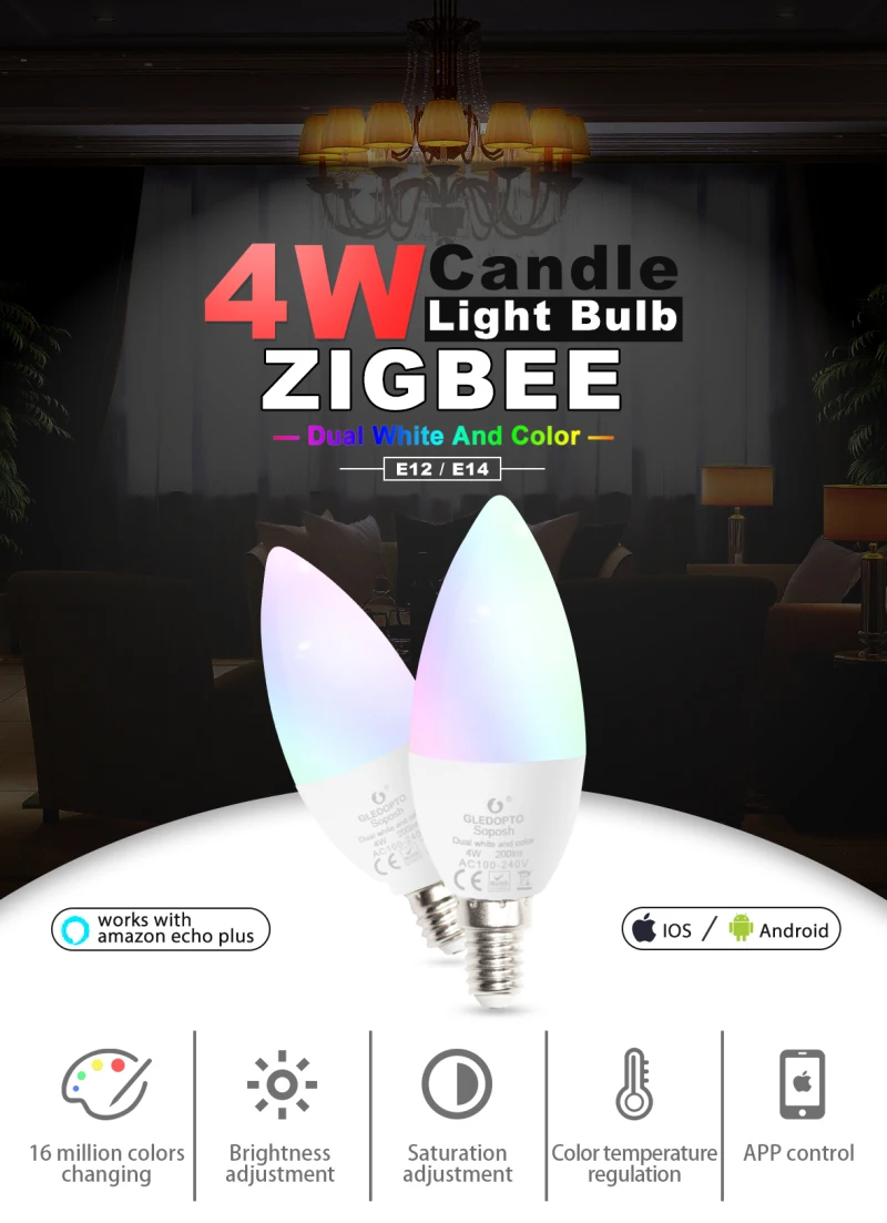 GLEDOPTO Zigbee RGB+ CCT светодиодный 4 Вт умный светильник в форме свечи E12 E14 с дистанционным управлением декоративная лампа с регулируемой яркостью работает с Amazon Echo Plus