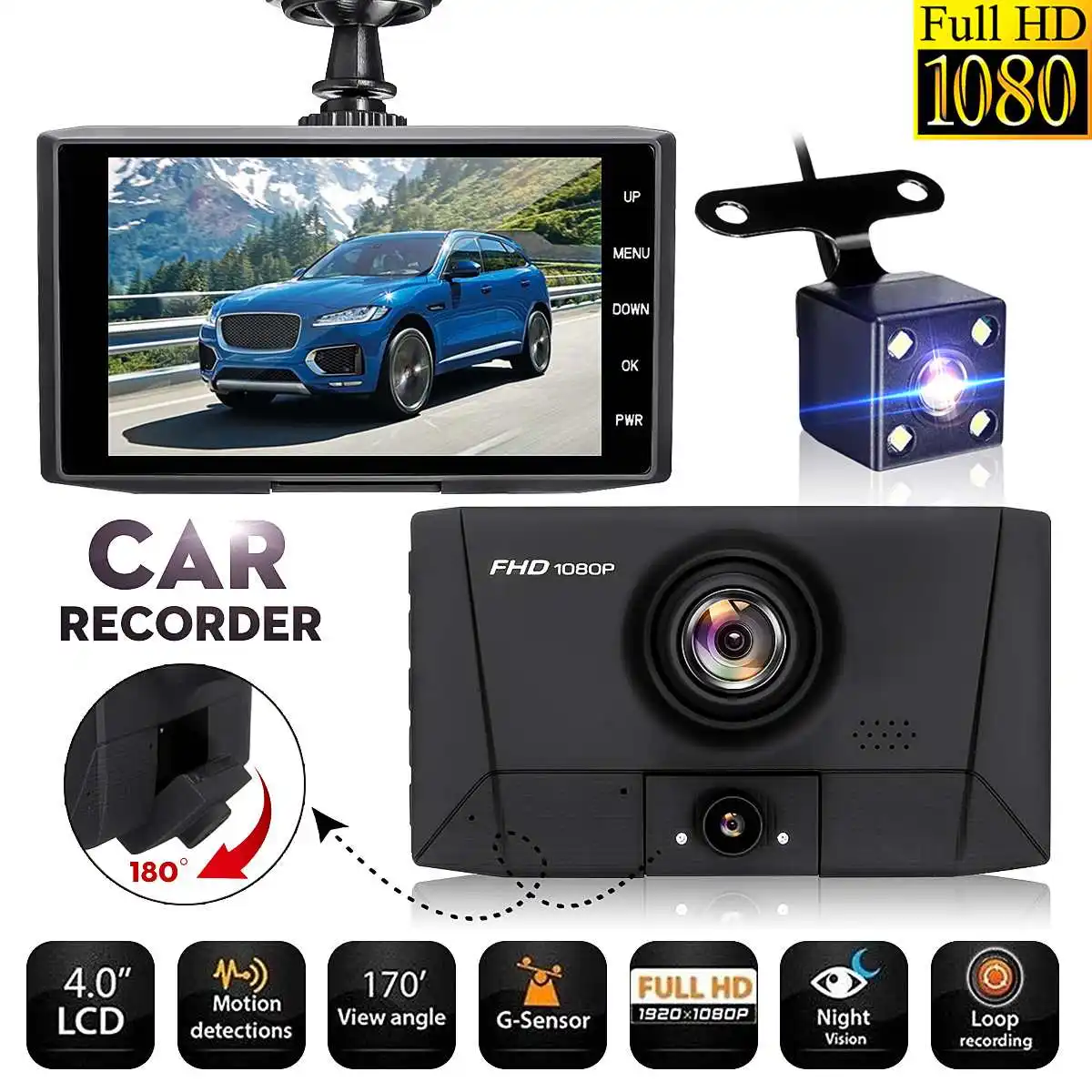 Audew Full HD 1080P Автомобильный видеорегистратор 3 камеры s объектив 4,0 дюймов видеорегистратор двойной объектив с камерой заднего вида видеорегистратор авто