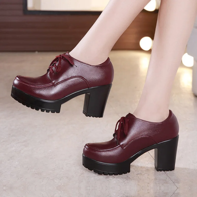 Plus Size 32-43 Block Heels Leather Shoes Deep Pumps Women Oxford Shoe 2022 Fall Winter High Heel Shoes with Fur  Platform Shoes