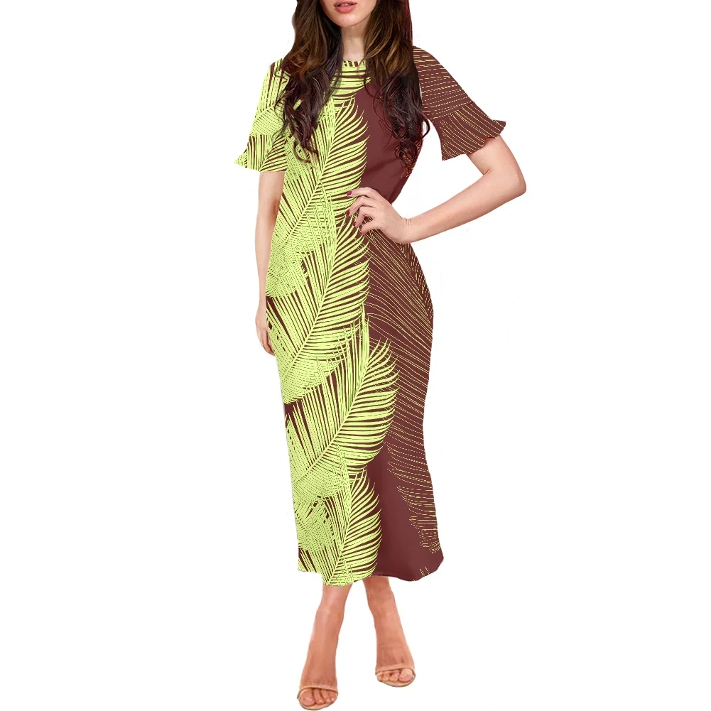 

Women Elegant Dress Short Ruffle Sleeve Round neck Dress Polynesian Tribal Hibiscus Palm Leaf Printing Ladies Dress