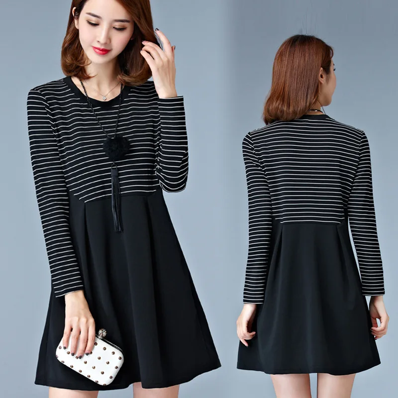 

2017 Spring Clothing New Style Korean-style Large Size Dress Slimming Stripes Base Shirt Fat Mm Long Sleeve A- line Dress