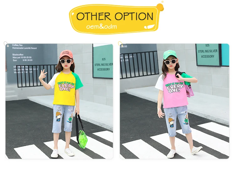 Girls Matching Two 2 Piece Outfits Clothing Denim Jean Shorts Color Block Matching T-Shirt And Jeans Clothing Set