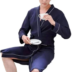 Spring and Summer Mid-Length Japanese Home Leisure Couple Nightgown Hotel Solid Color Long Sleeve Bathrobe