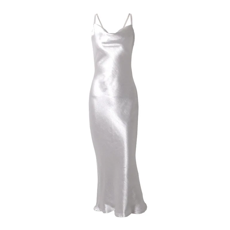 Сексуальными тоненькими лямками, с низким вырезом на спине блестящие обтягивающие атласные вечерние платья Длинные платье-комбинация воротник-хомут шелковые платья-Макси платье Для женщин платье vestidos Femme - Цвет: Белый