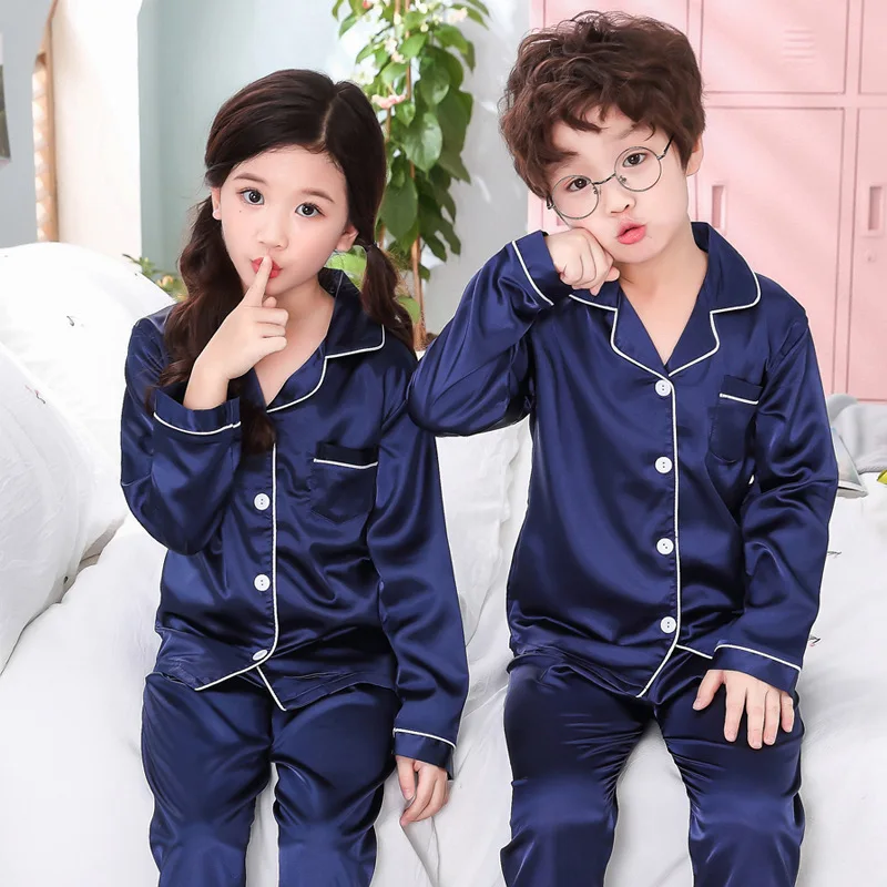 

Autumn And Winter Imitated Silk Fabric Boys' Pajama Girls Long Sleeve Thin Viscose Autumn Children Silk Big Boy Homewear Set