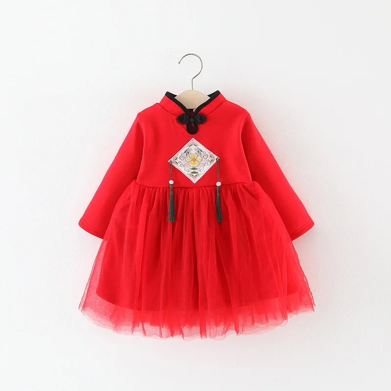

KINE PANDA Chinese New Year Girls Dress Baby Kids Clothes Cheongsam Red Elegant Dresses Winter with Velvet 1 2 3 4 5 6 Years Old