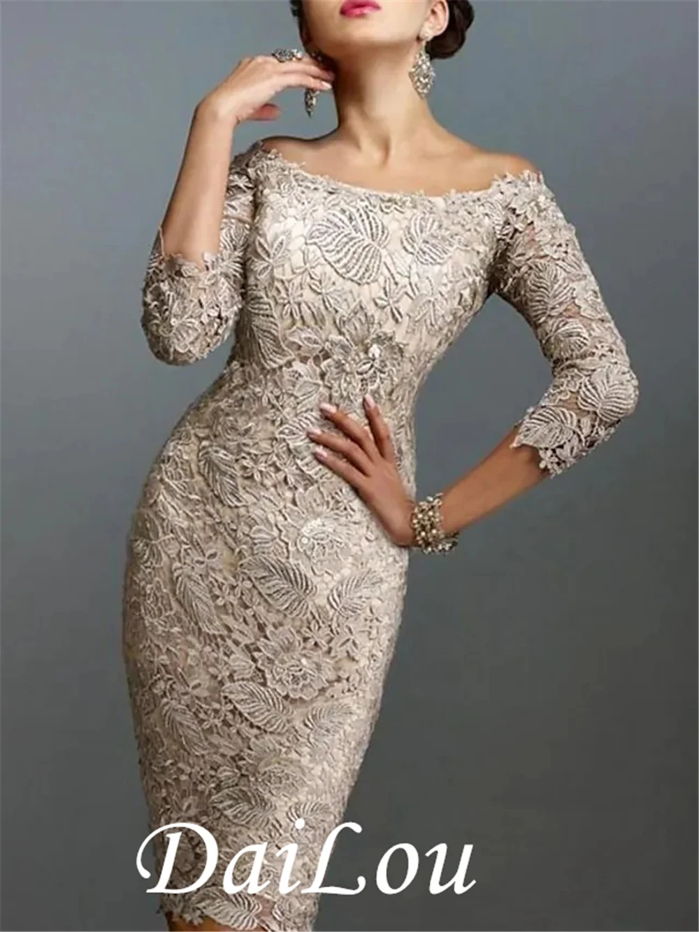 Sheath / Column Elegant Holiday Cocktail Party Dress Off Shoulder 3/4 Length Sleeve Knee Length Lace with Lace