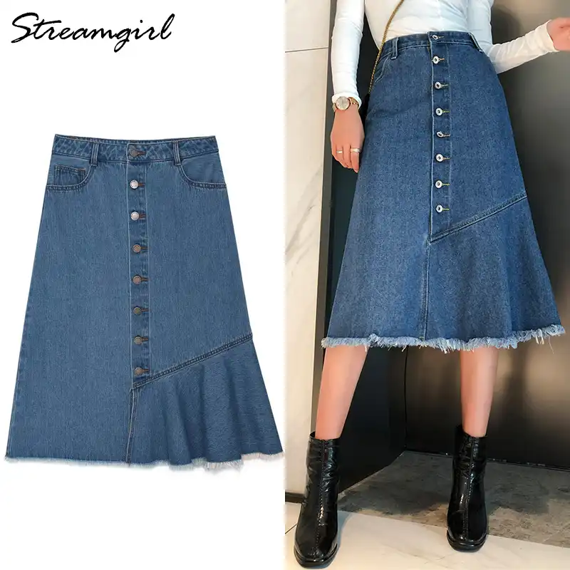 plus size button front denim skirt