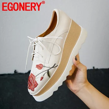 

EGONERY 2020 spring new fashion women pumps high heels platform cross-tied genuine leather embroider women shoes drop shipping