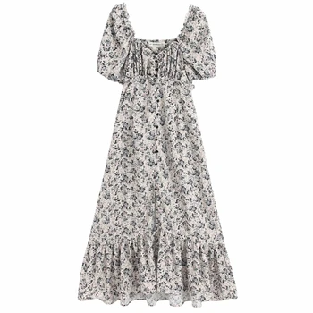 

2020 Women vintage square collar flower print causal slim midi Dress lady puff sleeve pleat ruffles Vestidos Chic Dresses DS3746