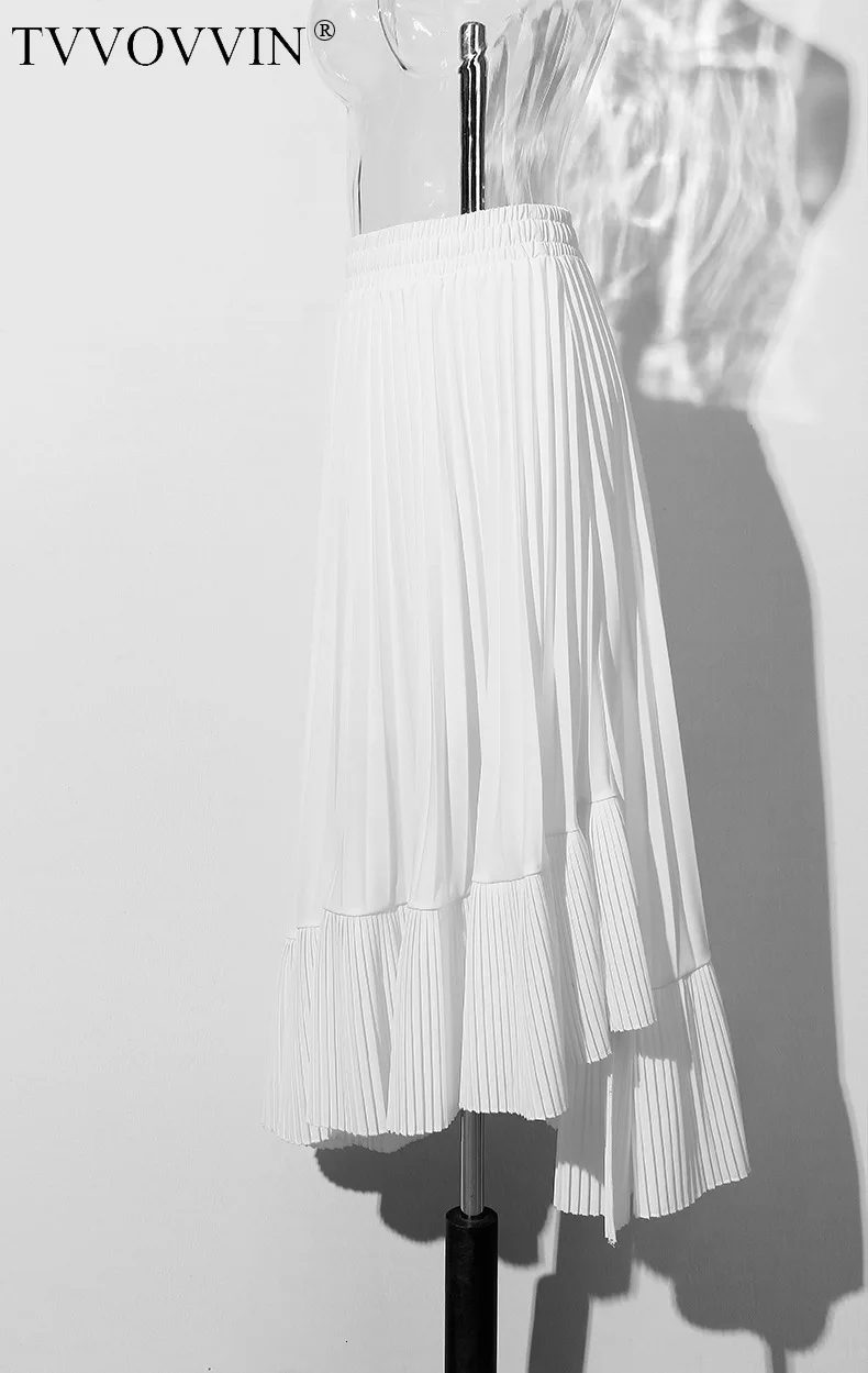 TVVOVVIN Solid Candy Color Heavy Crimp Irregular Cut Out Patchwork Elastic Waist Long Fund Half-body Mid-Calf Skirt ZX120