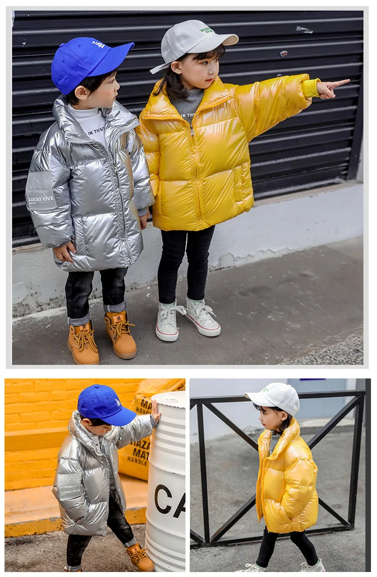 Коллекция года, стиль, серебристый Детский пуховик короткое плотное белое пуховое пальто для маленьких девочек и мальчиков осенне-зимнее пальто