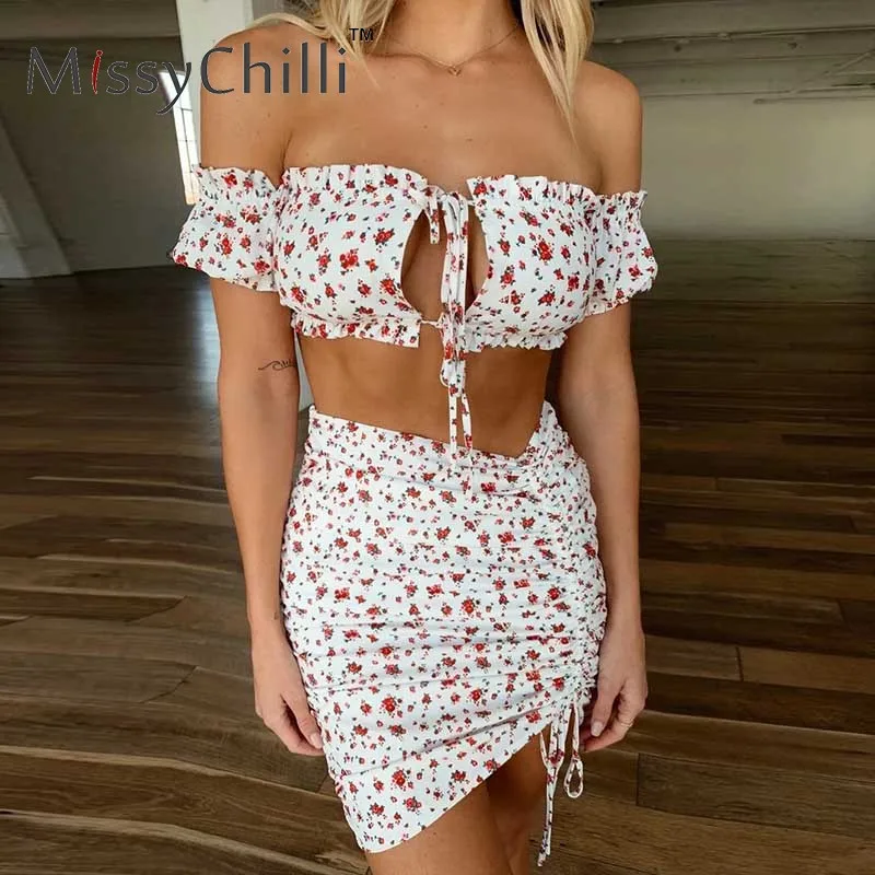 MissyChilli, комплект из 2 предметов, с открытыми плечами, на шнуровке, с цветочным принтом, платье для женщин, с вырезами, на завязках, сексуальное Плиссированное Платье для вечеринки, Новинка