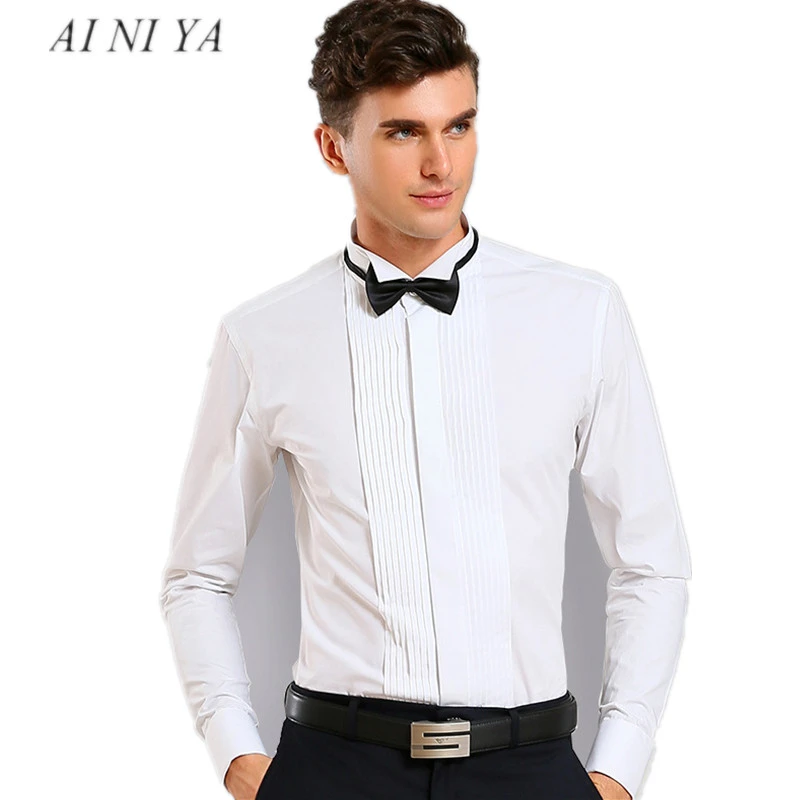 Camisa de esmoquin con puño francés para camisa de larga con cuello punta de ala de Color sólido, camisas de vestir formales para boda, y fiesta|Camisas de vestir| -