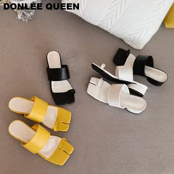 

Brand Square Toe Slippers Women Low Heels Slides Fashion Separate Toe Beach Flip Flops Sandal Vacation Shoes Women Slipper mujer