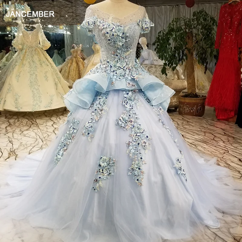 LS5580 Light Blue With Beautiful Embroidery And Sequins Pageant Evening dress 2020 O-Neck Cap Sleeves Cheaper sukienki | Свадьбы и