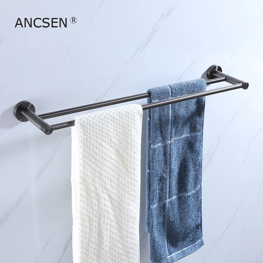 

304 Stainless Steel Bathroom Towel Holder Bar Rail Hanger Rack Wall Mounted For Bath Towel Shelves Gun-Grey Double Towel Bar
