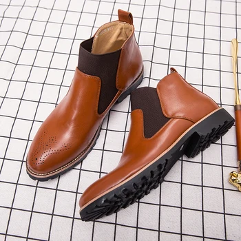 

Men Chelsea Boots Ankle Boots British Style Slip On Motorcycle Leather High Top Classic Men Boots Causal shoes NEW Fashion