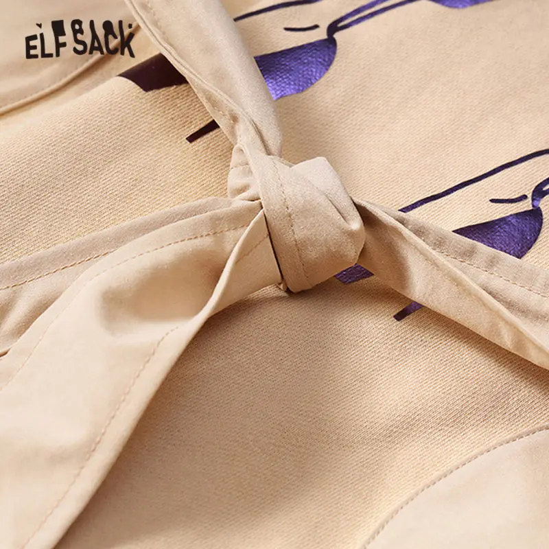 ELFSACK женское платье с капюшоном и буквенным принтом на шнурке, осень, повседневное свободное платье трапециевидной формы с поясом для офиса, повседневные платья для девушек