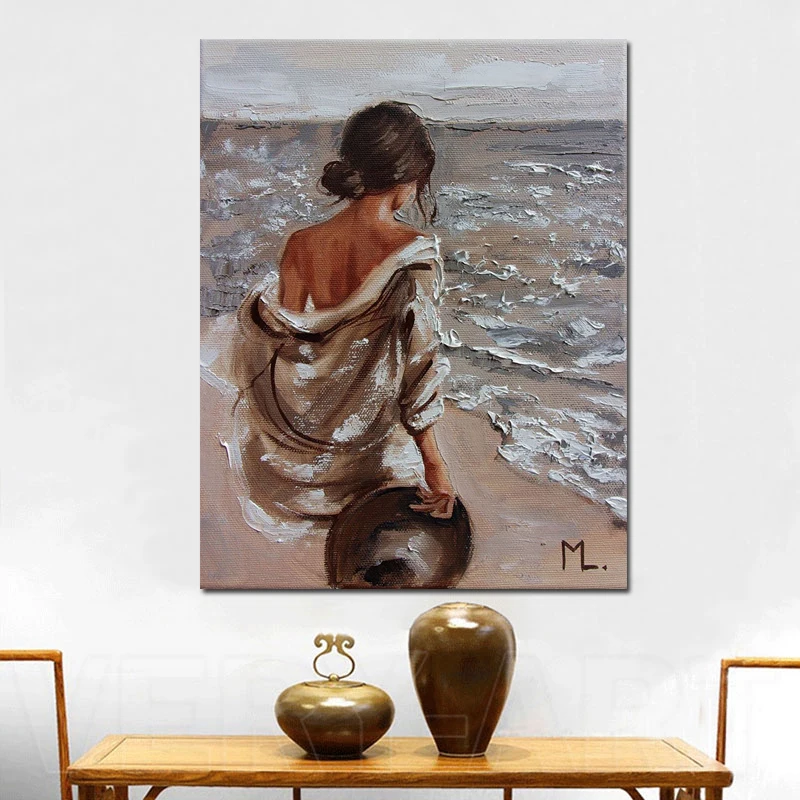 Canvas Painting Living Room Decoration Oil Painting Poster PrintNaked Shoulder Girl With Hat In Hand Facing The Waves Frameless