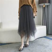 Акция, длина до колена, китайский стиль, новая осенняя Длинная с резинкой в талии, вуаль, юбка в сетку чистого цвета, высокий бюст