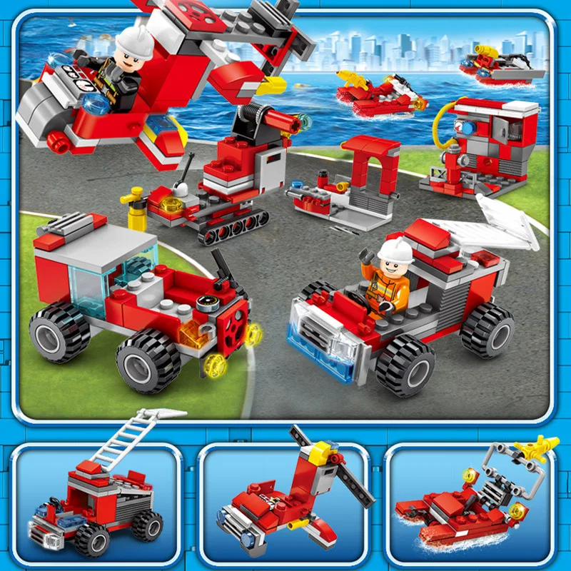 394pcs 27in1 Fire Fighting Truck Building Blocks Compatible legoing City Car Helicopter Educational Brick Toys for Children Gift
