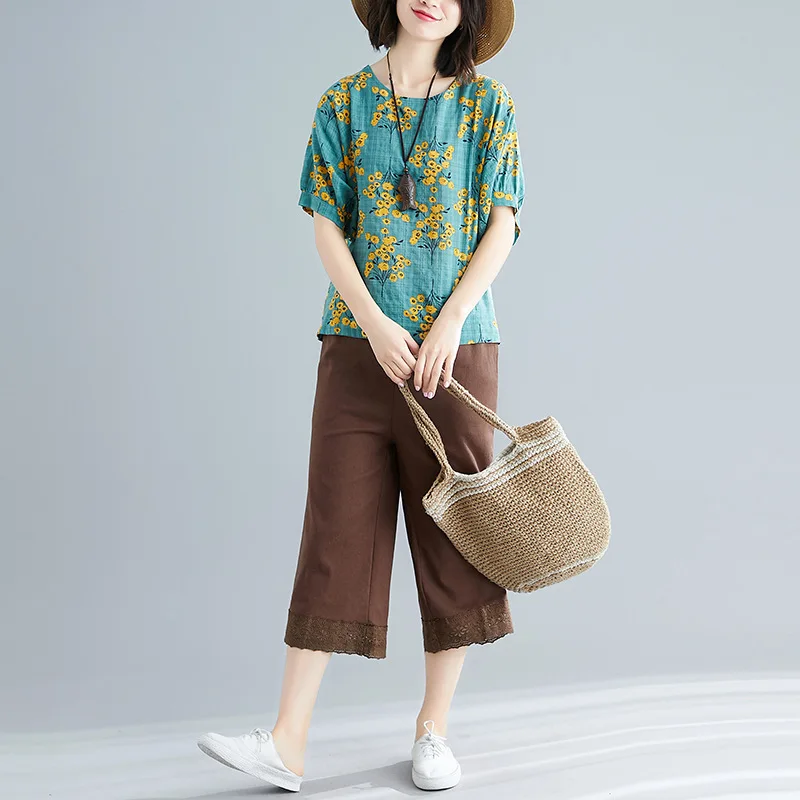 

Cotton Linen WOMEN'S Suit Summer 2019 New Style Fashion Slimming Large Size Casual Printed Short Sleeve Flax Loose Pants Two-Pie