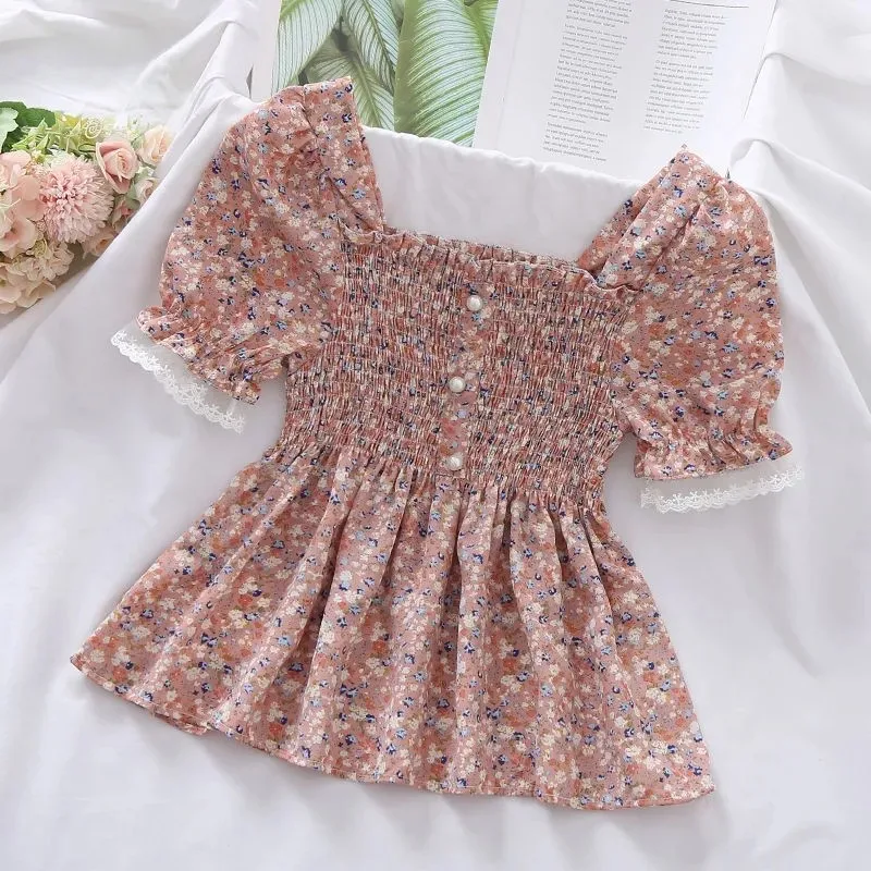 

Blouses Women Lovely Floral Soft Summer Chiffon Short Sleeve Slim Ladies Crop Top Stretch Pleated Korean Womens Blouse Tops