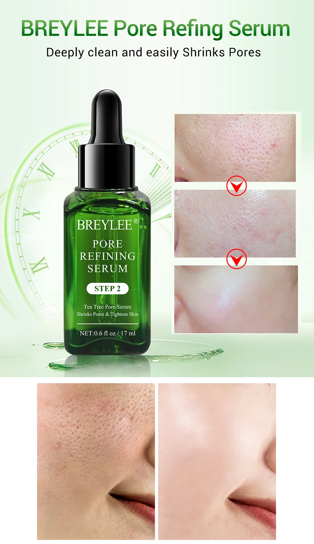 BREYLEE Очищающая поры сыворотка сужающая поры сужающая уход за кожей эссенция увлажняющая отбеливающая лицевая сыворотка антивозрастной контроль масла