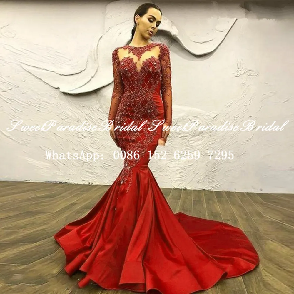 

Gorgeous Long Sleeves Red Evening Dress With Appliques Beads 2020 Sheer Neck Mermaid Prom Dresses Vestidos Robe De Soiree