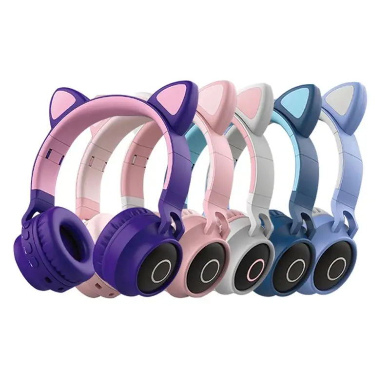 Foldable Cat Ear Headset LED Lights Wireless BT Music Headphones for Kids Girls sky blue purple pink gray green