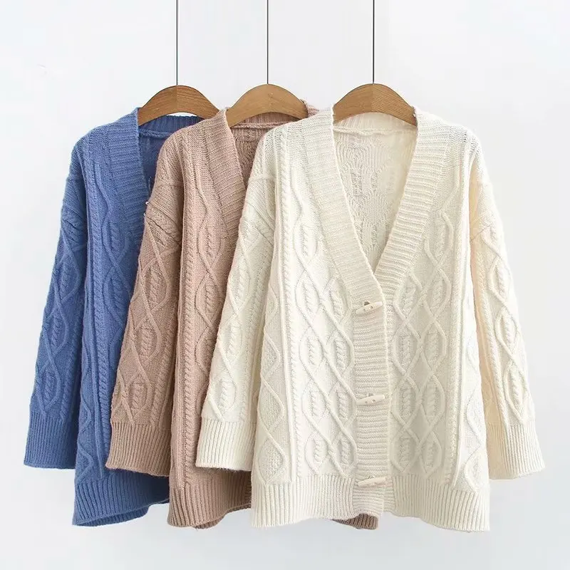 

Plus Size Casual Cardigans 2019 Autumn Winter Clothing Fashion Loose Long Sleeve horn button knitting Coats Women K6-1983