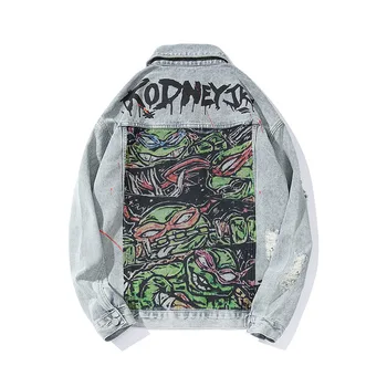 

New Lapel Retro Hole Denim Jacket Male Oversize Streetwear Loose Graffiti Printed Jeans Jacket Hip Hop Harajuku Bomber Jacket